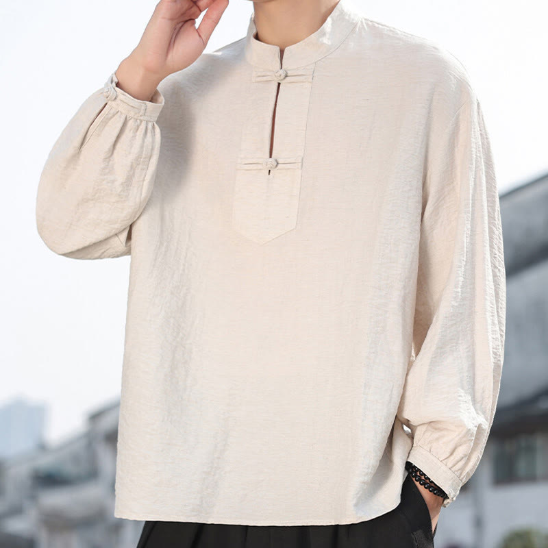Chemise homme en coton à manches longues et col montant avec deux boutons grenouille et motif Buddha Stones - Lin - US/UK/AU48，EU58(5XL) - image 11
