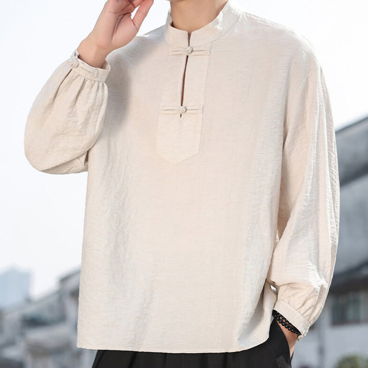 Chemise homme en coton à manches longues et col montant avec deux boutons grenouille et motif Buddha Stones - Lin - US/UK/AU48，EU58(5XL) - image 11