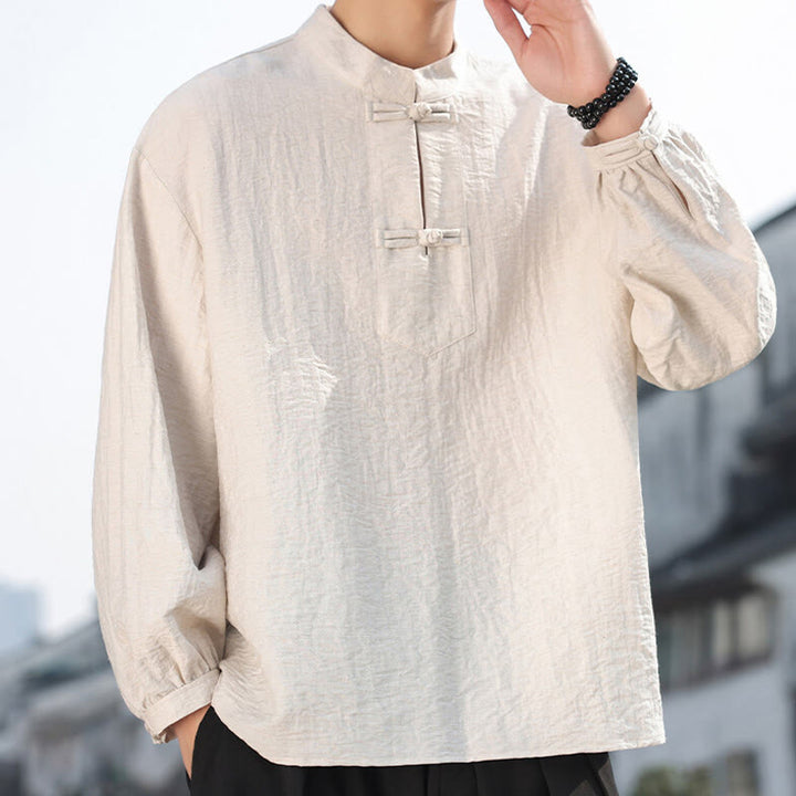 Chemise homme en coton à manches longues et col montant avec deux boutons grenouille et motif Buddha Stones - image 12