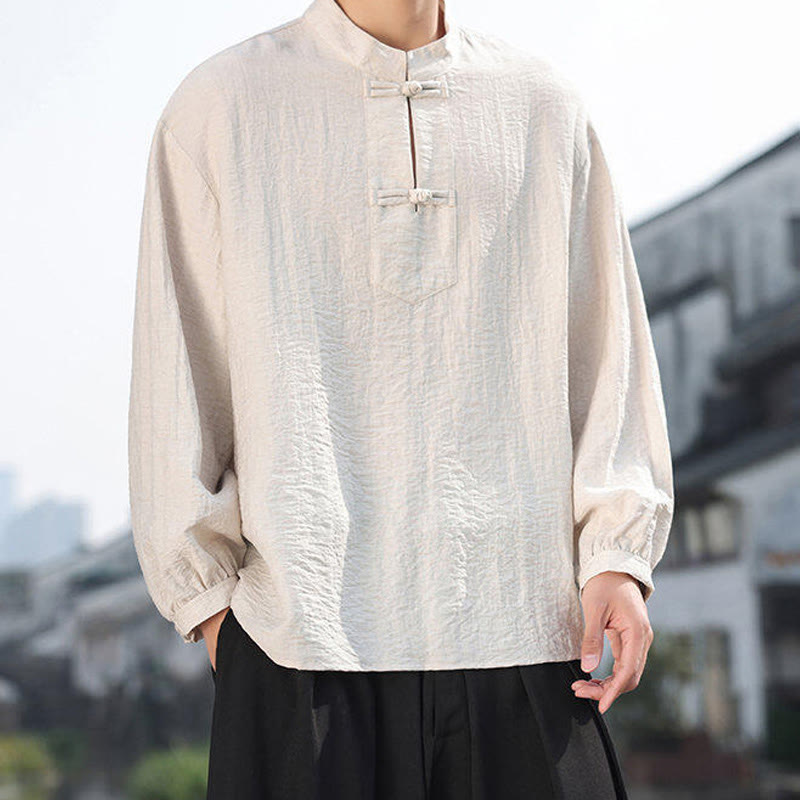 Chemise homme en coton à manches longues et col montant avec deux boutons grenouille et motif Buddha Stones - image 18