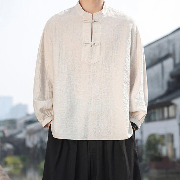 Chemise homme en coton à manches longues et col montant avec deux boutons grenouille et motif Buddha Stones - image 15