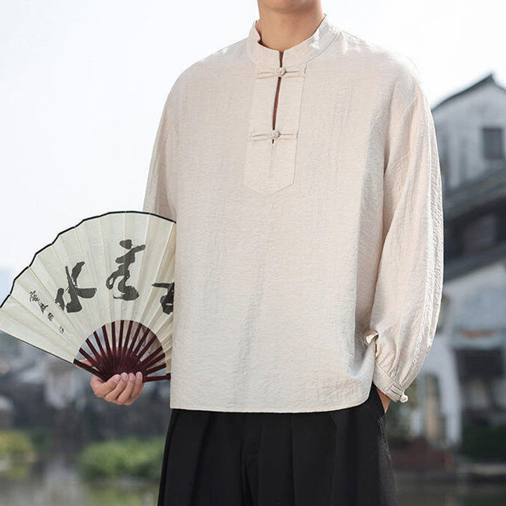 Chemise homme en coton à manches longues et col montant avec deux boutons grenouille et motif Buddha Stones - image 13