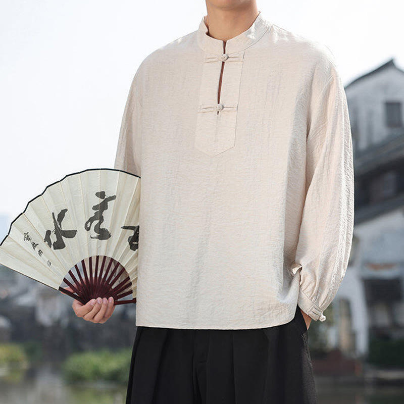 Chemise homme en coton à manches longues et col montant avec deux boutons grenouille et motif Buddha Stones - image 14