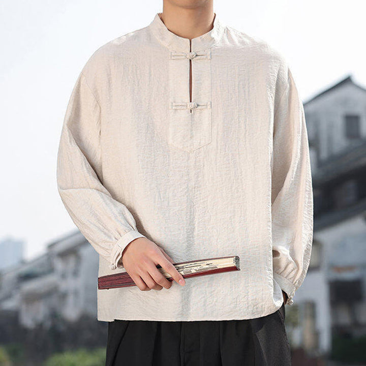 Chemise homme en coton à manches longues et col montant avec deux boutons grenouille et motif Buddha Stones - image 19