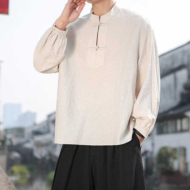 Chemise homme en coton à manches longues et col montant avec deux boutons grenouille et motif Buddha Stones - image 14