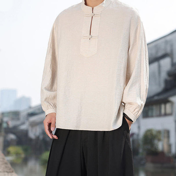 Chemise homme en coton à manches longues et col montant avec deux boutons grenouille et motif Buddha Stones - image 17
