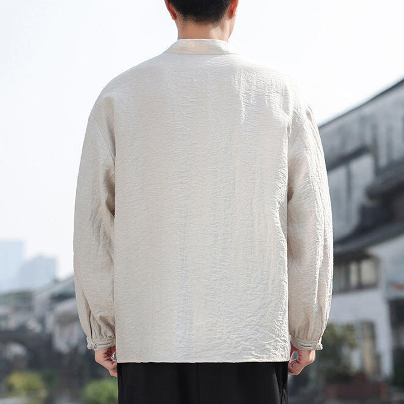 Chemise homme en coton à manches longues et col montant avec deux boutons grenouille et motif Buddha Stones - image 12