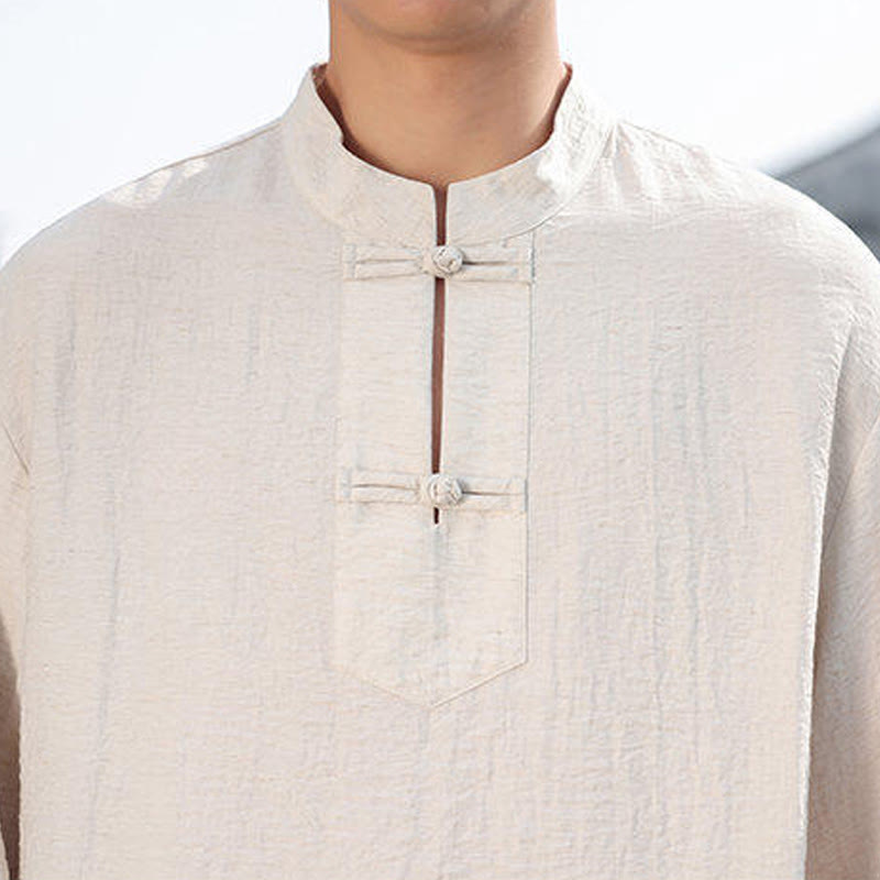 Chemise homme en coton à manches longues et col montant avec deux boutons grenouille et motif Buddha Stones - image 21