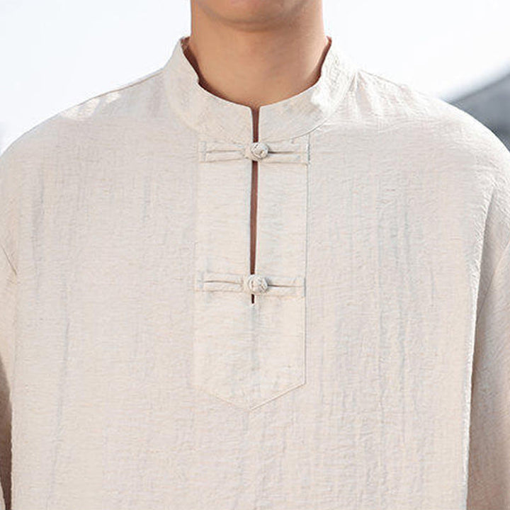 Chemise homme en coton à manches longues et col montant avec deux boutons grenouille et motif Buddha Stones - image 21
