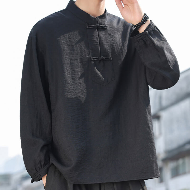 Chemise homme en coton à manches longues et col montant avec deux boutons grenouille et motif Buddha Stones - image 1