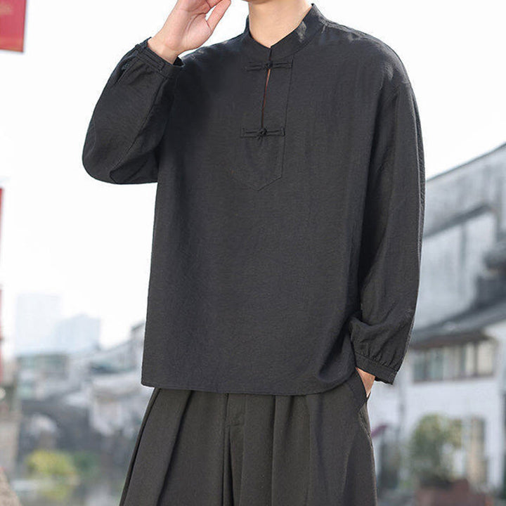 Chemise homme en coton à manches longues et col montant avec deux boutons grenouille et motif Buddha Stones - image 4