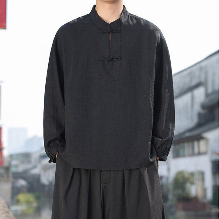 Chemise homme en coton à manches longues et col montant avec deux boutons grenouille et motif Buddha Stones - image 4