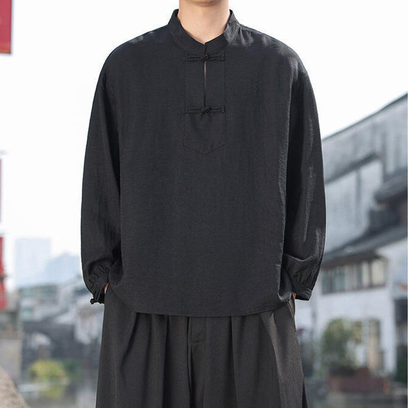Chemise homme en coton à manches longues et col montant avec deux boutons grenouille et motif Buddha Stones - image 5