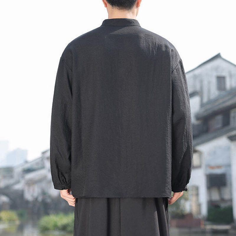 Chemise homme en coton à manches longues et col montant avec deux boutons grenouille et motif Buddha Stones - image 3