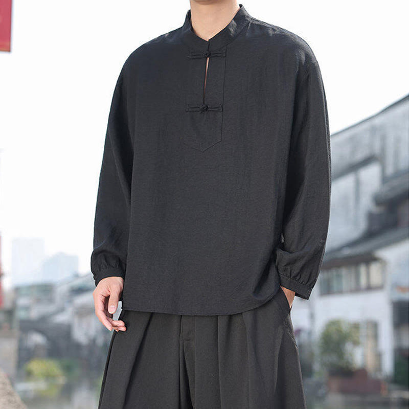 Chemise homme en coton à manches longues et col montant avec deux boutons grenouille et motif Buddha Stones - image 9
