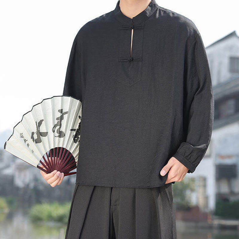 Chemise homme en coton à manches longues et col montant avec deux boutons grenouille et motif Buddha Stones - image 9