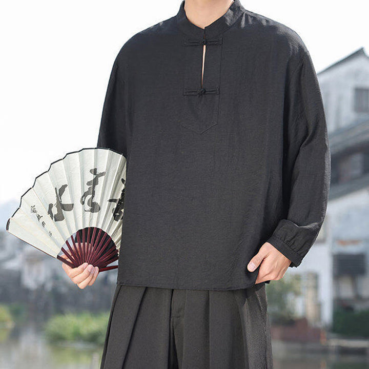 Chemise homme en coton à manches longues et col montant avec deux boutons grenouille et motif Buddha Stones - image 9