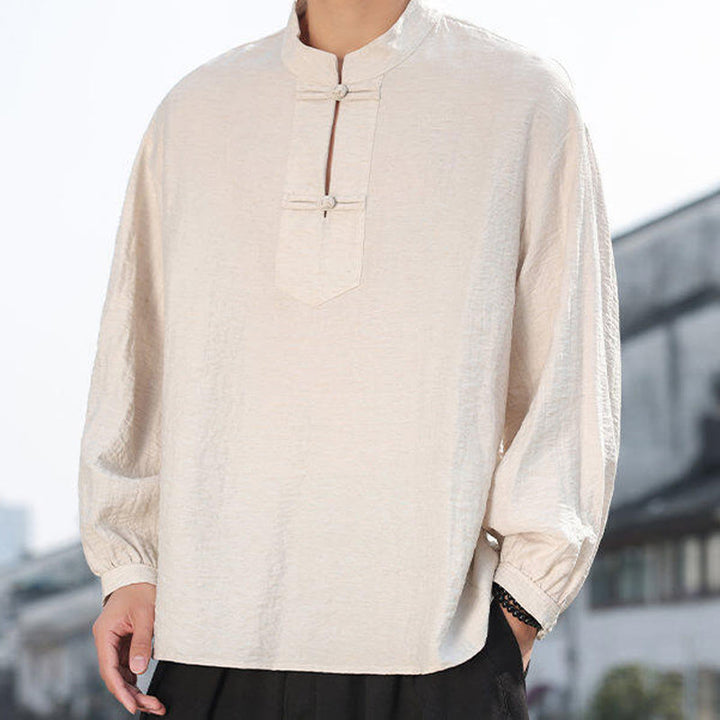 Chemise homme en coton à manches longues et col montant avec deux boutons grenouille et motif Buddha Stones - image 19