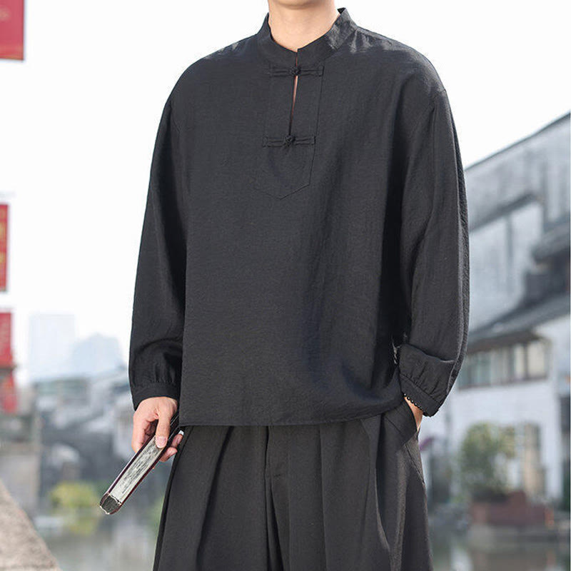 Chemise homme en coton à manches longues et col montant avec deux boutons grenouille et motif Buddha Stones - image 6