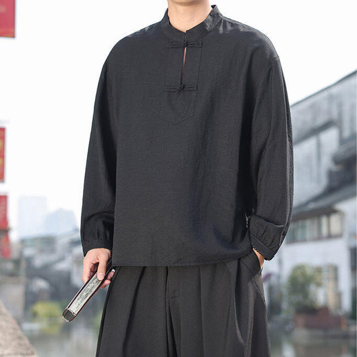 Chemise homme en coton à manches longues et col montant avec deux boutons grenouille et motif Buddha Stones - image 6