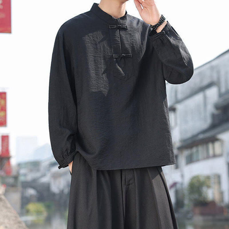 Chemise homme en coton à manches longues et col montant avec deux boutons grenouille et motif Buddha Stones - image 7