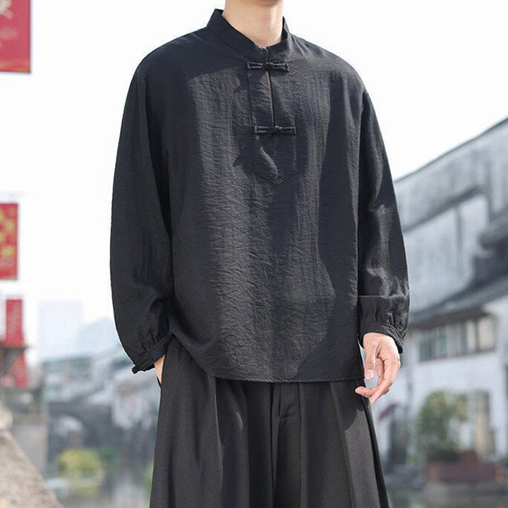 Chemise homme en coton à manches longues et col montant avec deux boutons grenouille et motif Buddha Stones - image 5