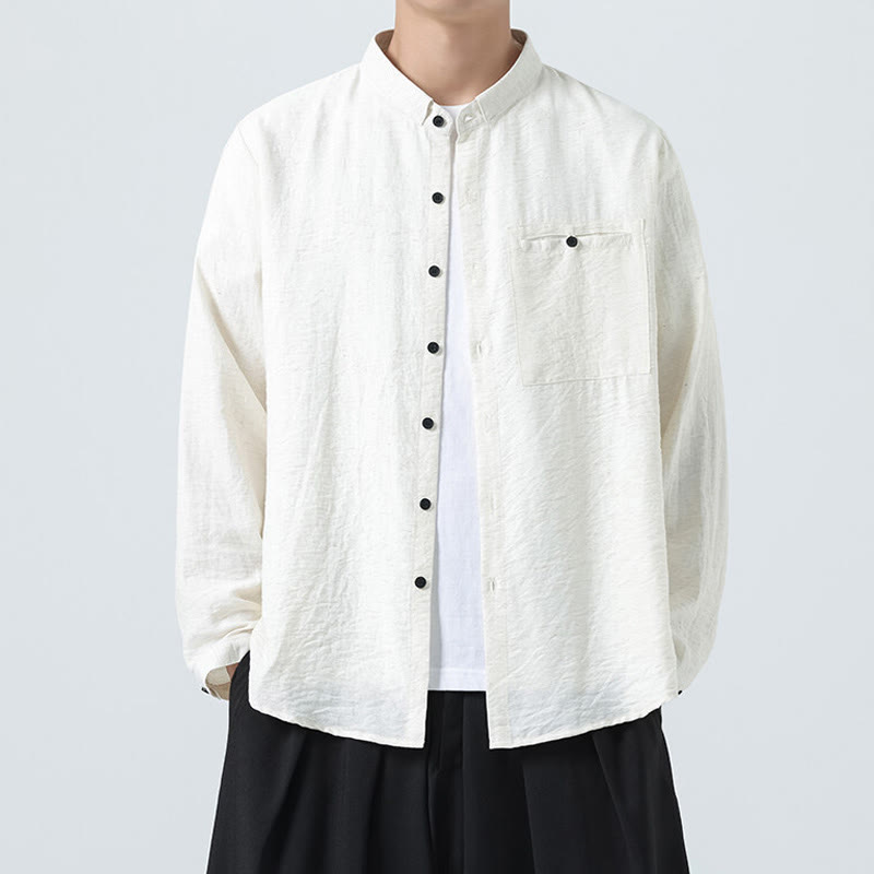 Chemise en coton à manches longues et col montant pour homme, style vintage, uni, avec boutons et Buddha Stones - Blanc - US/UK/AU48，EU58(5XL) - image 0