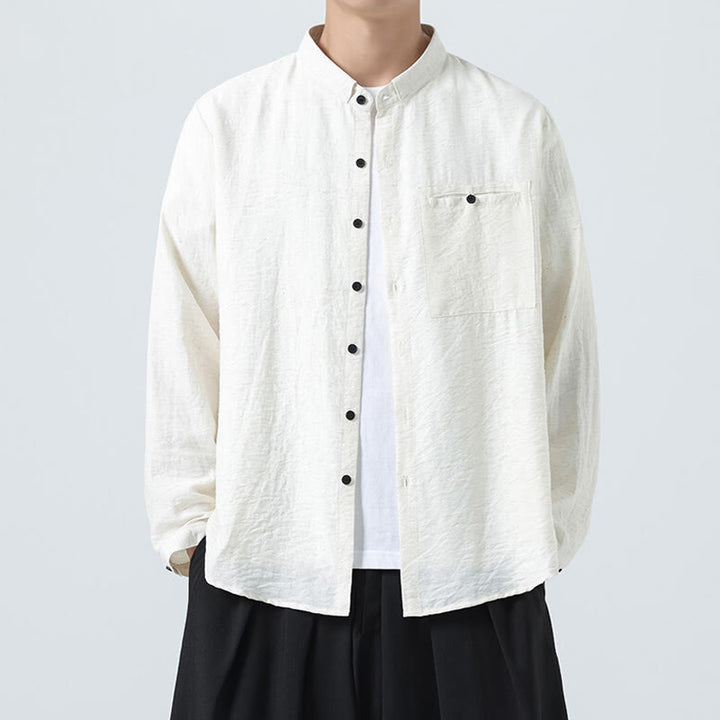 Chemise en coton à manches longues et col montant pour homme, style vintage, uni, avec boutons et Buddha Stones - Blanc - US/UK/AU48，EU58(5XL) - image 0