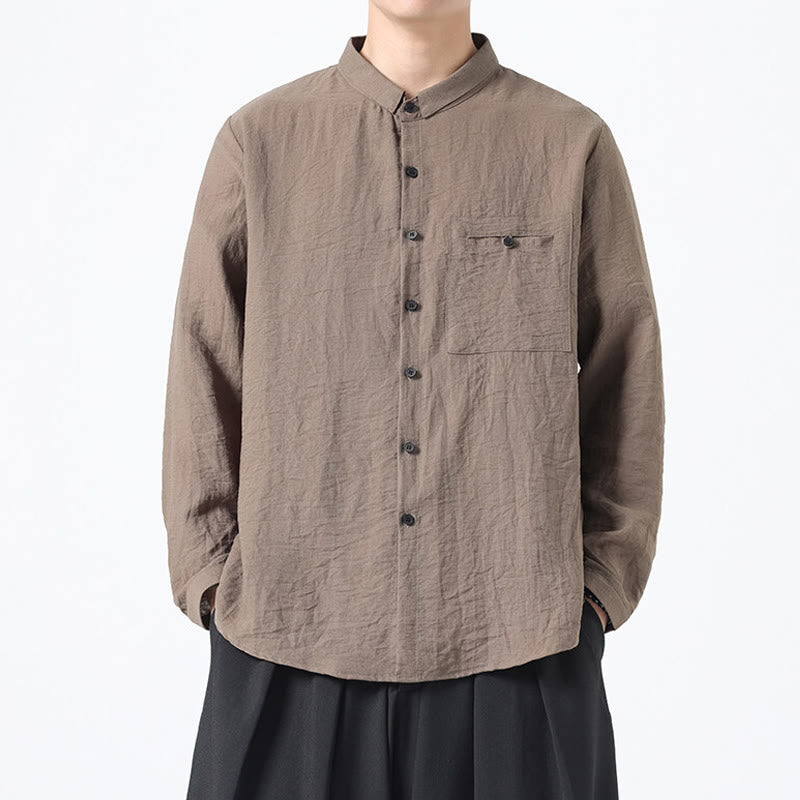 Chemise en coton à manches longues et col montant pour homme, style vintage, uni, avec boutons et Buddha Stones - Tanné - US/UK/AU48，EU58(5XL) - image 16