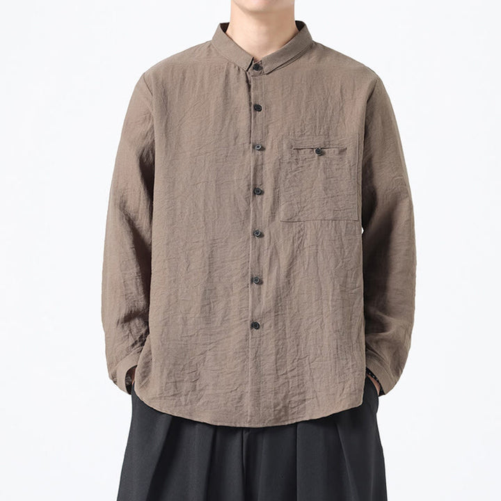 Chemise en coton à manches longues et col montant pour homme, style vintage, uni, avec boutons et Buddha Stones - Tanné - US/UK/AU48，EU58(5XL) - image 16