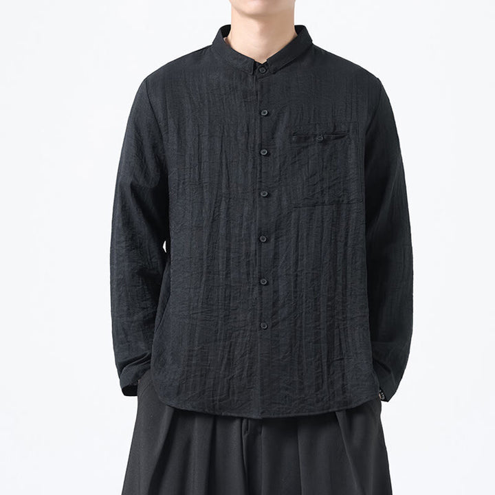 Chemise en coton à manches longues et col montant pour homme, style vintage, uni, avec boutons et Buddha Stones - Noir - US/UK/AU48，EU58(5XL) - image 9