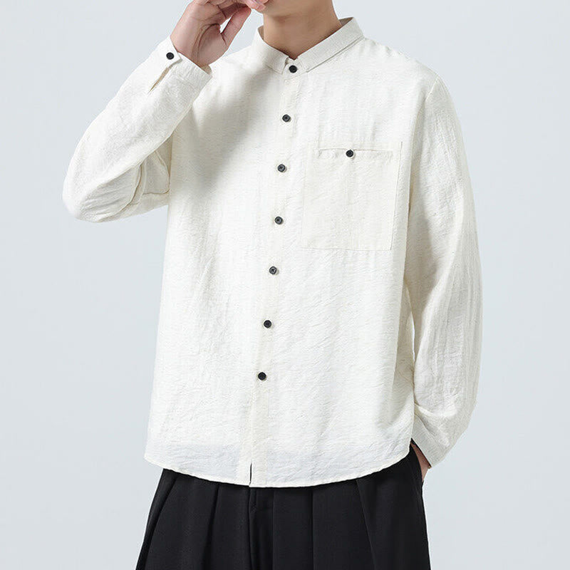Chemise en coton à manches longues et col montant pour homme, style vintage, uni, avec boutons et Buddha Stones - image 6