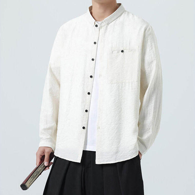 Chemise en coton à manches longues et col montant pour homme, style vintage, uni, avec boutons et Buddha Stones - image 5