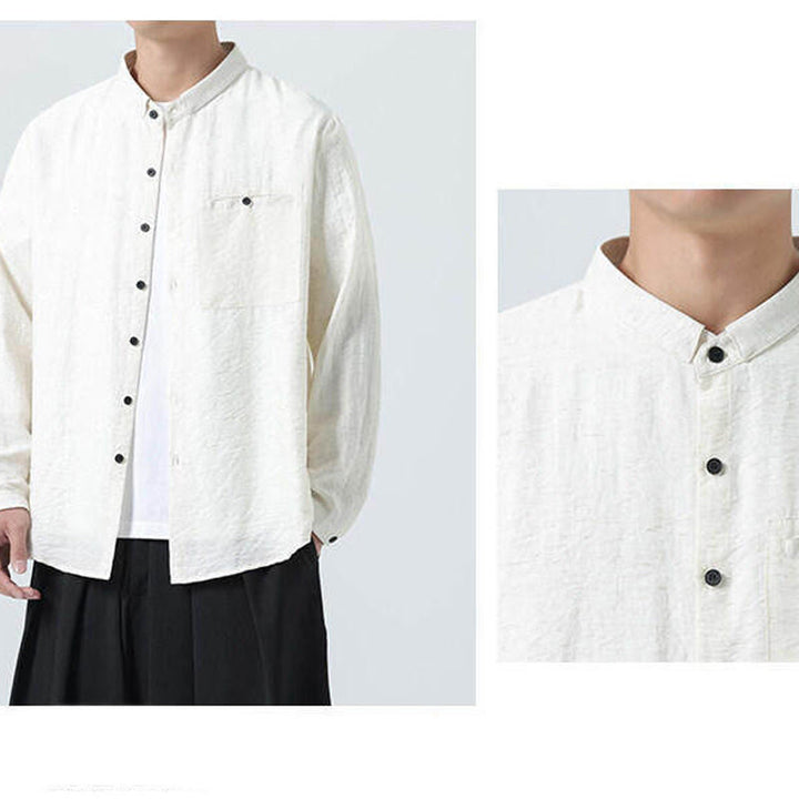 Chemise en coton à manches longues et col montant pour homme, style vintage, uni, avec boutons et Buddha Stones - image 9