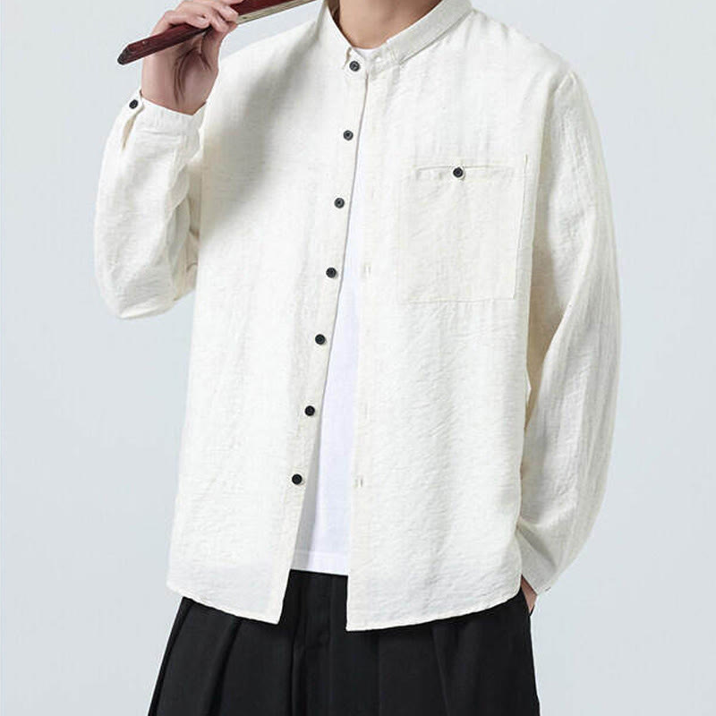 Chemise en coton à manches longues et col montant pour homme, style vintage, uni, avec boutons et Buddha Stones - image 4