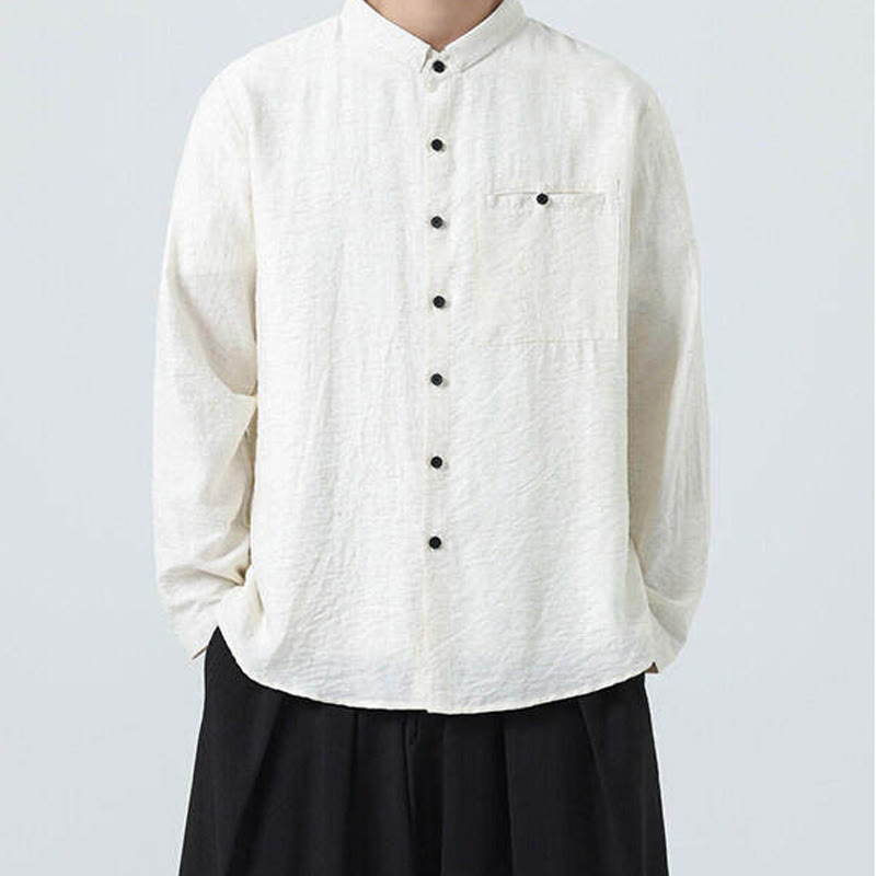 Chemise en coton à manches longues et col montant pour homme, style vintage, uni, avec boutons et Buddha Stones - image 7