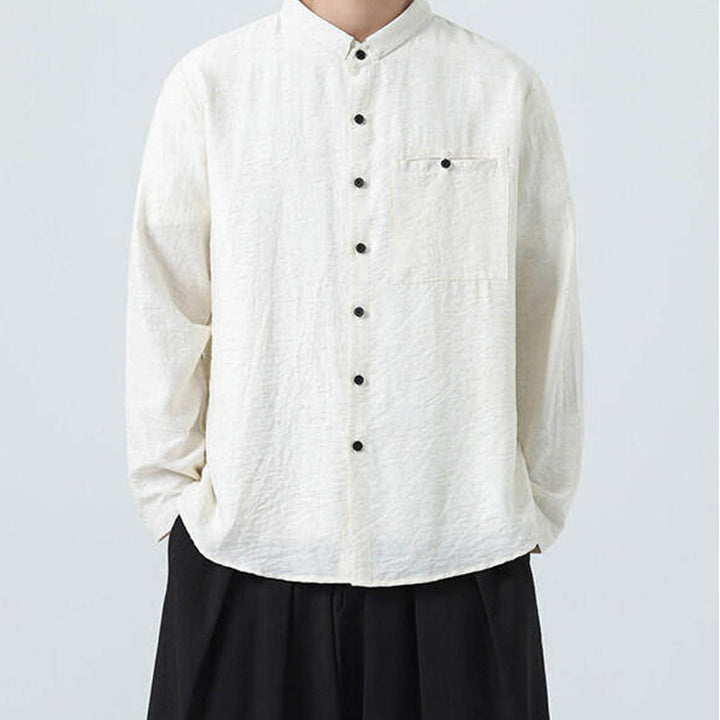 Chemise en coton à manches longues et col montant pour homme, style vintage, uni, avec boutons et Buddha Stones - image 7