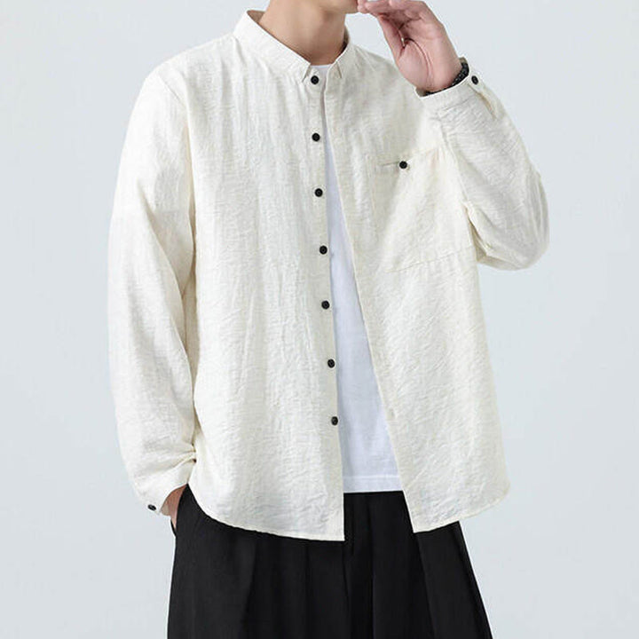 Chemise en coton à manches longues et col montant pour homme, style vintage, uni, avec boutons et Buddha Stones - image 1