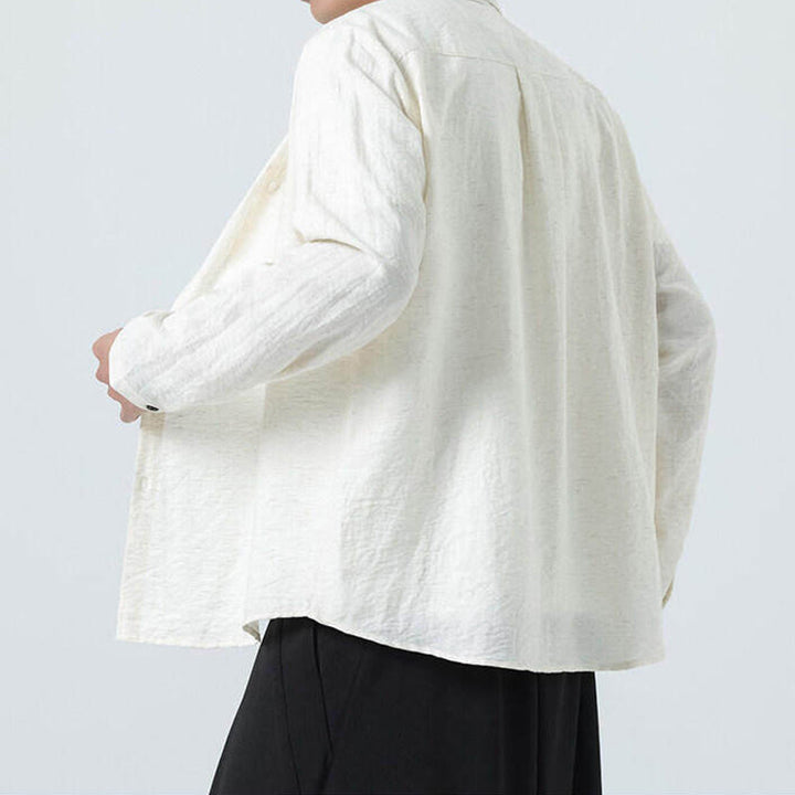 Chemise en coton à manches longues et col montant pour homme, style vintage, uni, avec boutons et Buddha Stones - image 3