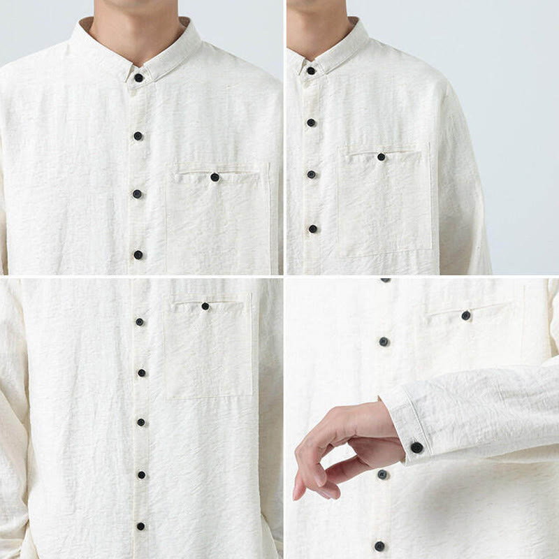 Chemise en coton à manches longues et col montant pour homme, style vintage, uni, avec boutons et Buddha Stones - image 8