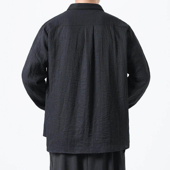 Chemise en coton à manches longues et col montant pour homme, style vintage, uni, avec boutons et Buddha Stones - image 12