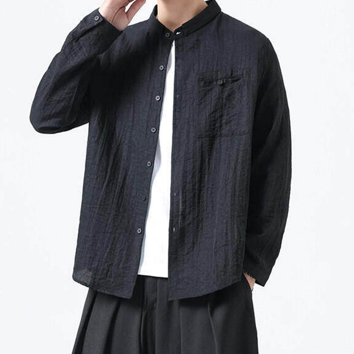 Chemise en coton à manches longues et col montant pour homme, style vintage, uni, avec boutons et Buddha Stones - image 13