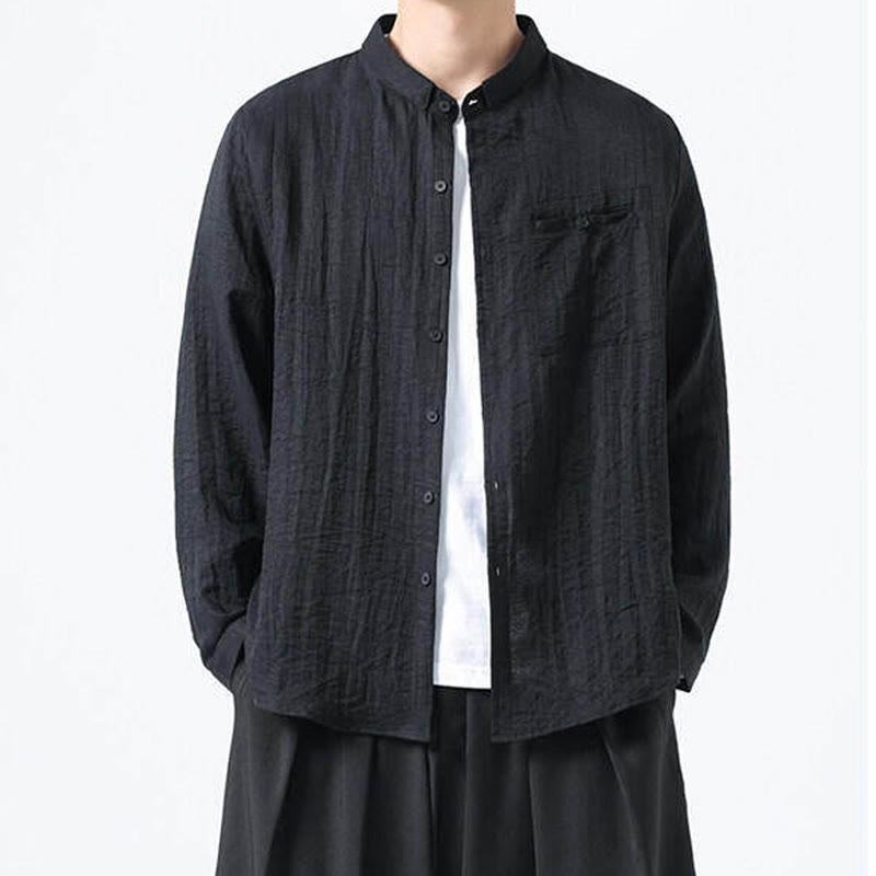 Chemise en coton à manches longues et col montant pour homme, style vintage, uni, avec boutons et Buddha Stones - image 11