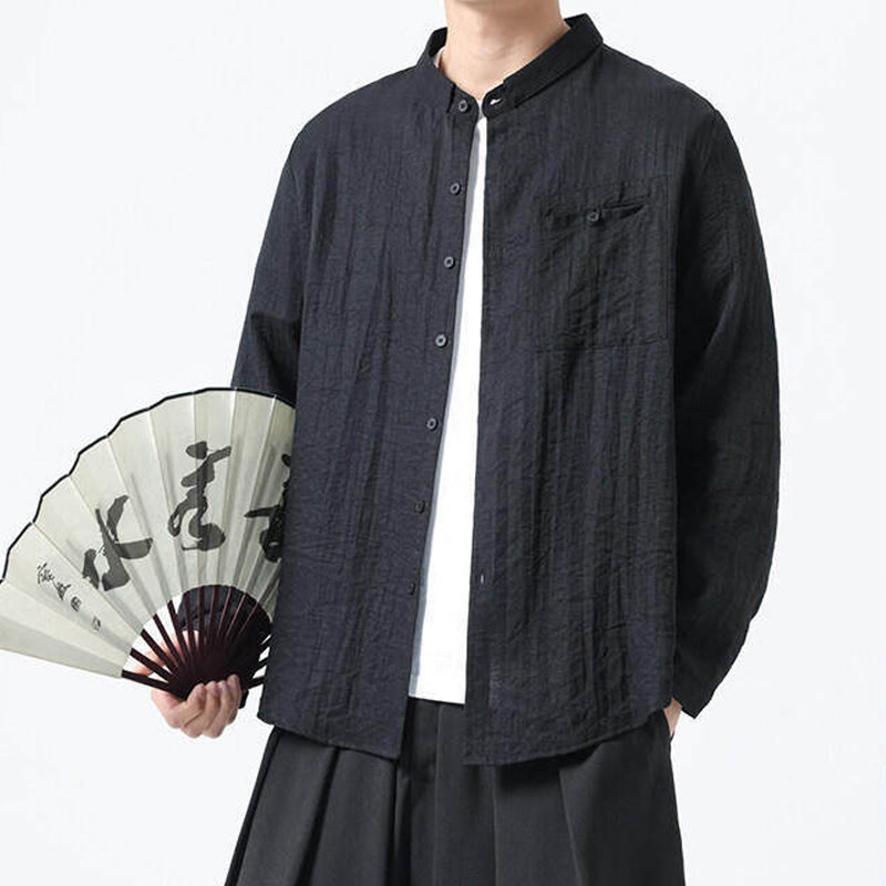 Chemise en coton à manches longues et col montant pour homme, style vintage, uni, avec boutons et Buddha Stones - image 14