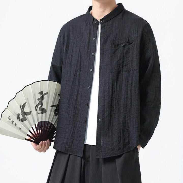 Chemise en coton à manches longues et col montant pour homme, style vintage, uni, avec boutons et Buddha Stones - image 14