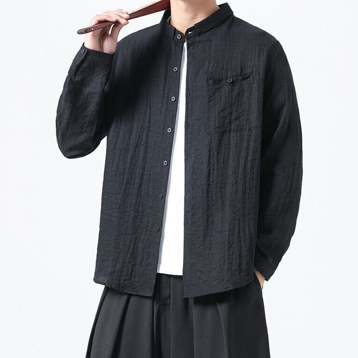 Chemise en coton à manches longues et col montant pour homme, style vintage, uni, avec boutons et Buddha Stones - image 14