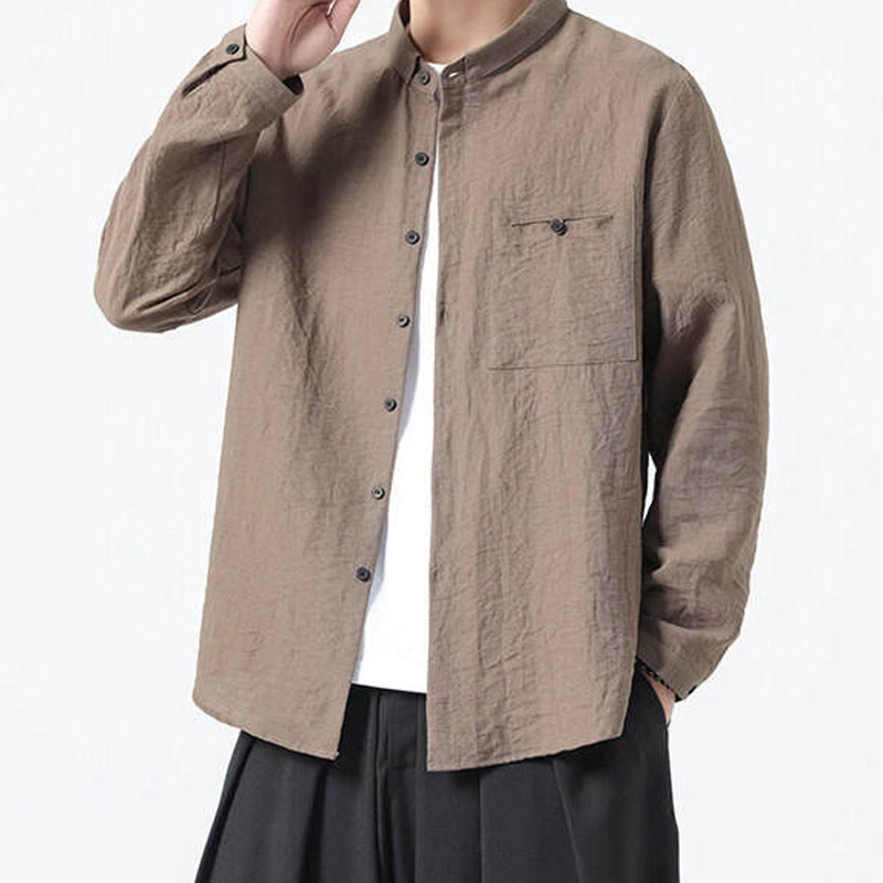 Chemise en coton à manches longues et col montant pour homme, style vintage, uni, avec boutons et Buddha Stones - image 20