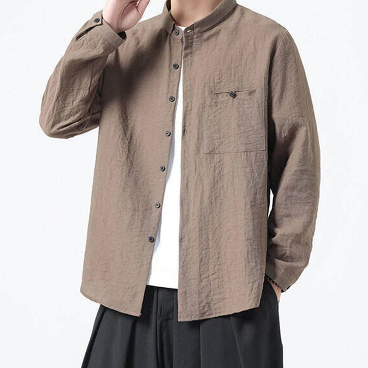 Chemise en coton à manches longues et col montant pour homme, style vintage, uni, avec boutons et Buddha Stones - image 20
