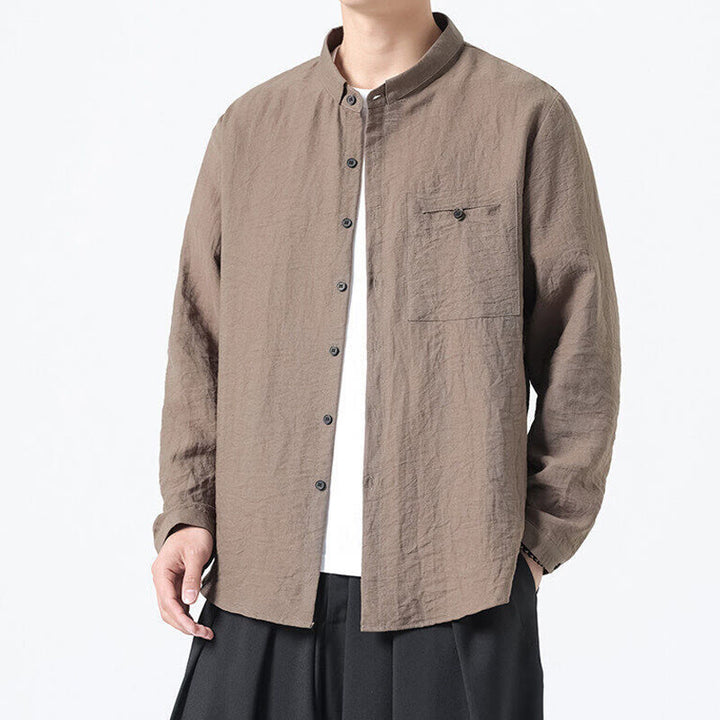 Chemise en coton à manches longues et col montant pour homme, style vintage, uni, avec boutons et Buddha Stones - image 20