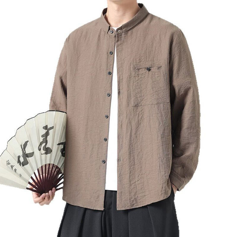 Chemise en coton à manches longues et col montant pour homme, style vintage, uni, avec boutons et Buddha Stones - image 16
